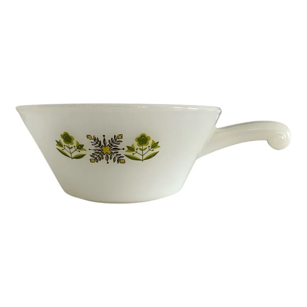 Vintage Fire-King Anchor Hocking Green Floral Handle Soup Bowl – Made in USA